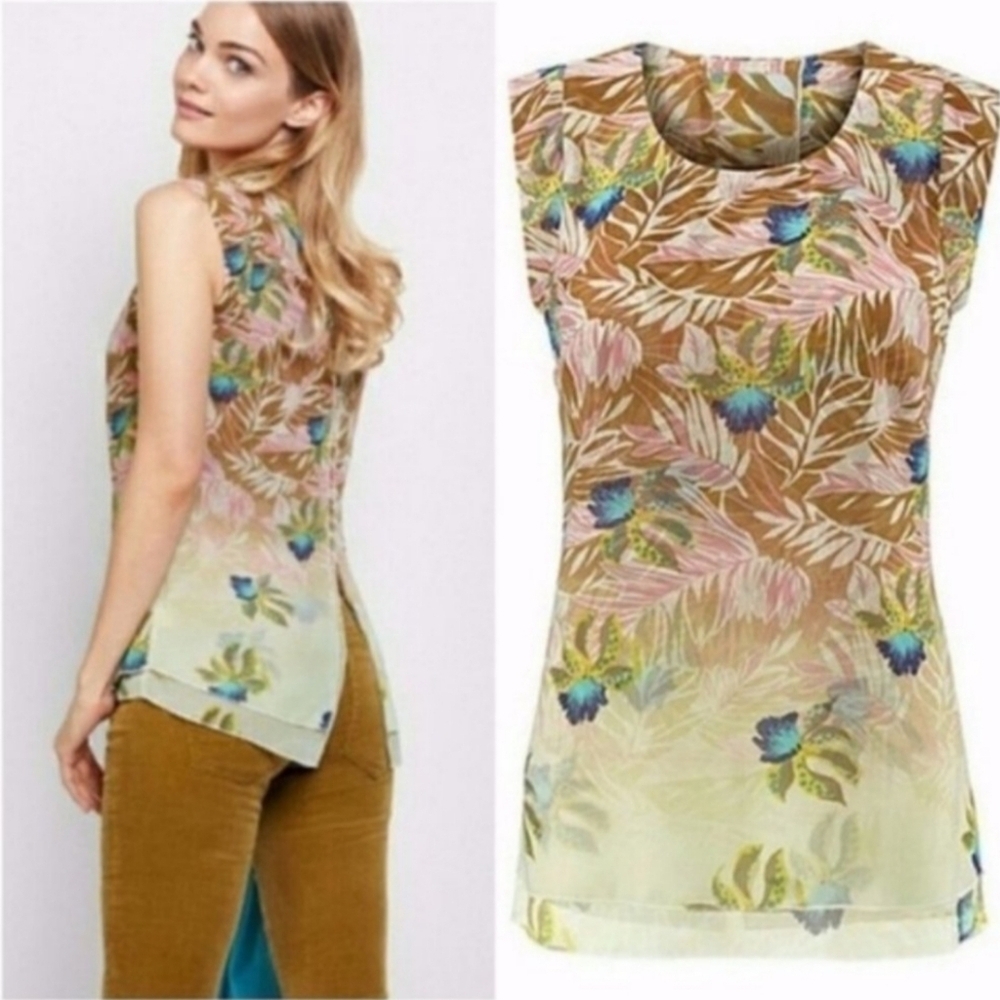 Cabi 5216 tropical orchid split back sleeveless top